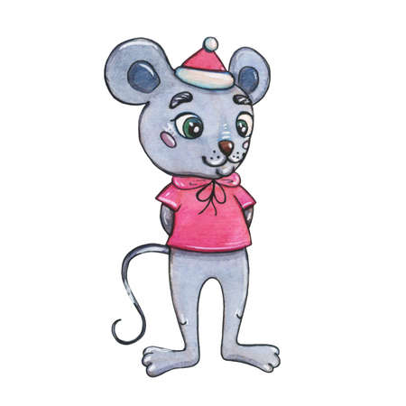 Watercolor Christmas cartoon mouse in a knitted scarf on a white background.の写真素材