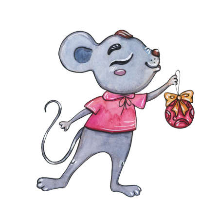 Watercolor Christmas cartoon mouse in a knitted scarf on a white background.の写真素材