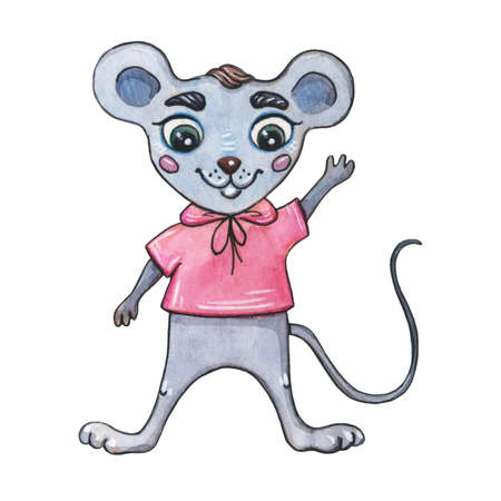 Watercolor Christmas cartoon mouse in a knitted scarf on a white background.の写真素材