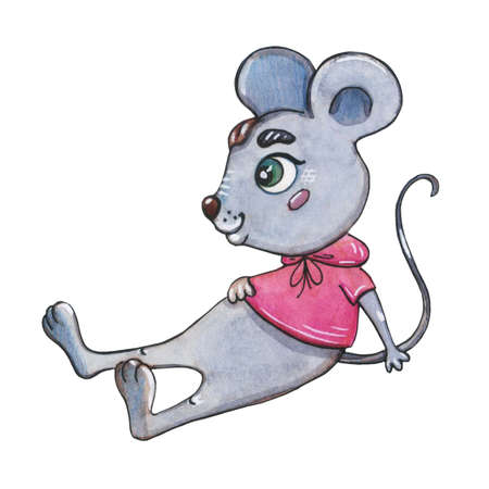 Watercolor Christmas cartoon mouse in a knitted scarf on a white background.の写真素材