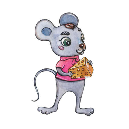 Watercolor Christmas cartoon mouse in a knitted scarf on a white background.の写真素材
