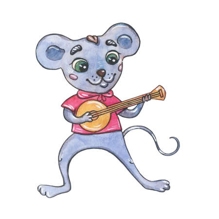 Watercolor Christmas cartoon mouse in a knitted scarf on a white background.の写真素材