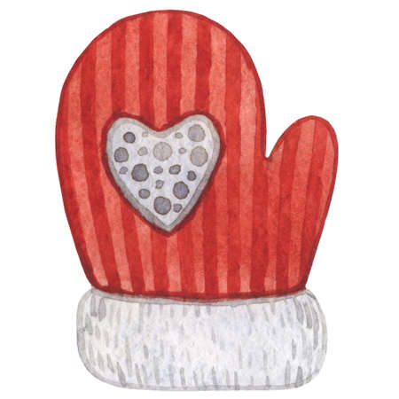 Knitted mitten. Watercolor Christmas object with toysの写真素材