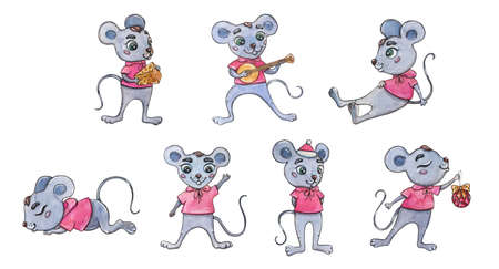 Watercolor Christmas cartoon mouse in a knitted scarf on a white background.の写真素材