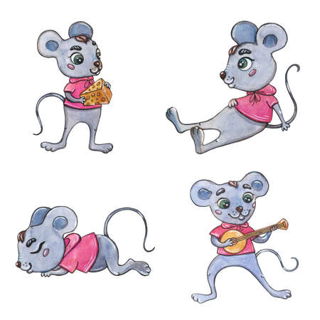 Watercolor Christmas cartoon mouse in a knitted scarf on a white background.の写真素材