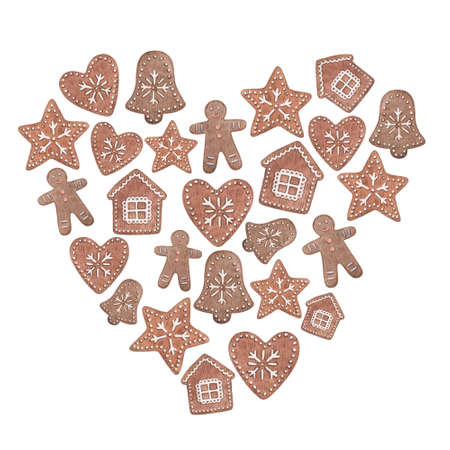 Watercolor Christmas set with toys, gingerbread, gifts. Illustration for new year isolated on white background. Santa Claus, gingerbread, snowman, heart, candy, horse.の写真素材