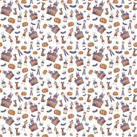 Autumn patterns for Halloween with witch elements. Watercolor illustrations for Halloween. Autumn design for textiles, packaging.の写真素材