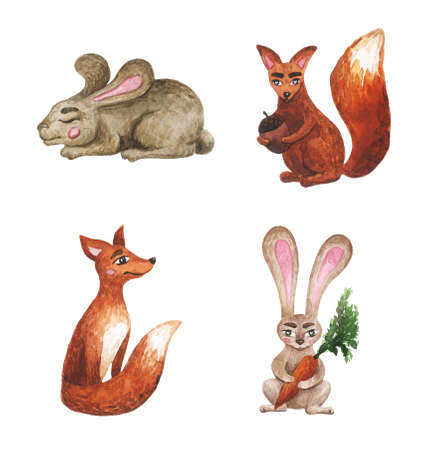 Watercolor set with forest animals. Wild animal drawing for stickersの写真素材