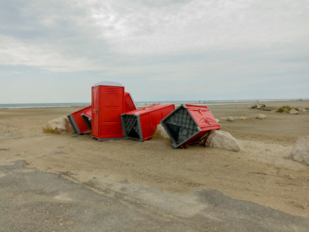 Mobile public toilets spilled on the beach after bad weatherの写真素材