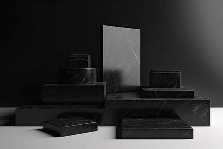 3d render, black marble pedestal, podium for product presentationの素材