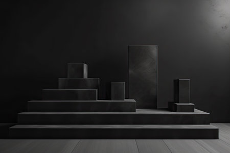Minimalist black podium for product presentation in dark room. Mock up, 3D Renderingの素材