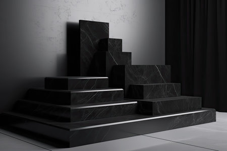 Black marble stairs in modern interior. 3d render illustration mock upの素材