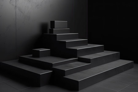 Black stairs in dark interior. 3D render. Mock up.の素材