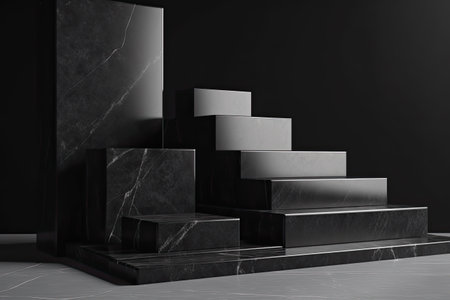 Black marble steps in black and white interior. 3D Renderingの素材