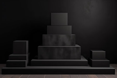 Black geometric podium in dark room. Mock up, 3D Renderingの素材
