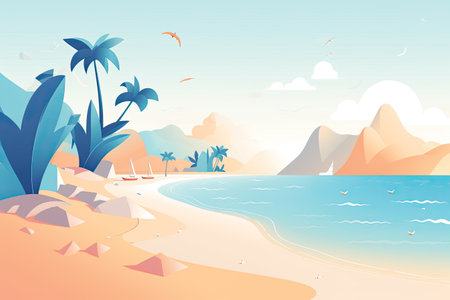 Vector illustration of tropical beach with palm trees and sand. Summer vacation concept.の素材