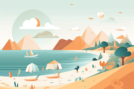 Landscape with sea and lighthouse. Vector illustration in flat style.の素材