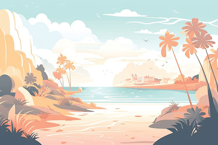 Beautiful tropical beach with palms. Vector illustration in cartoon style.の素材