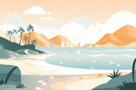 Tropical beach with palm trees and sailboats. Vector illustrationの素材