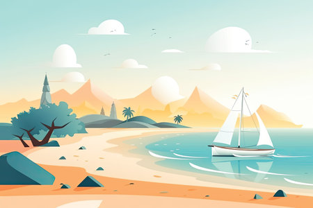 Sailboat on the beach. Vector illustration in a flat styleの素材