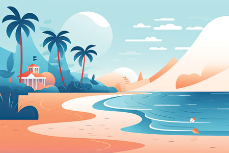 Tropical beach landscape. Vector illustration in flat cartoon style.の素材