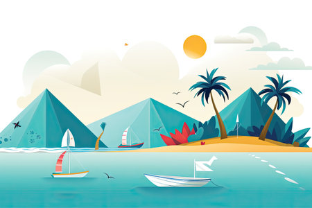 Tropical island with palm trees and boats. Vector illustration.の素材