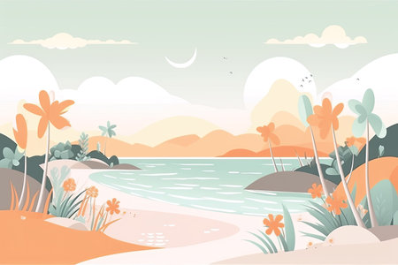 Seascape with palm trees, sand and flowers. Vector illustrationの素材