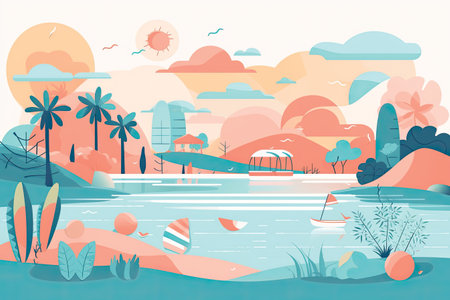 Vector illustration of summer landscape in flat style. Landscape with river, palm trees, boat, sun and clouds.の素材