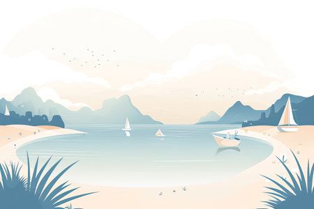 Vector illustration of a tropical beach with sand, palm trees and sailing boats.の素材