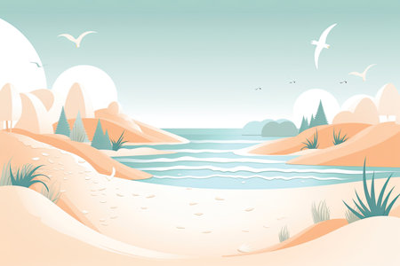 Seascape with sand dunes and seagulls. Vector illustration.の素材