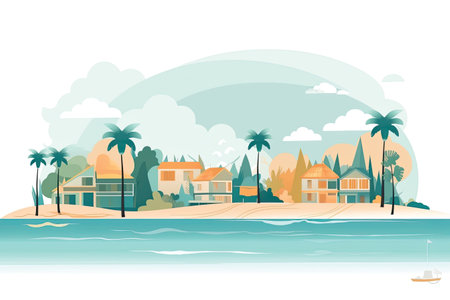 Vector illustration of a tropical beach with palm trees and houses in flat styleの素材