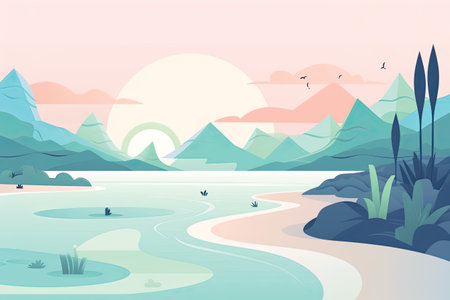 Landscape with lake and mountains. Vector illustration in cartoon style.の素材