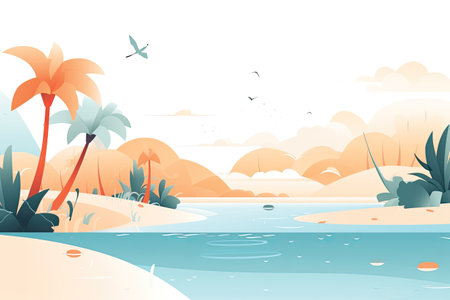 Summer landscape with sea and mountains. Vector illustration in flat style.の素材