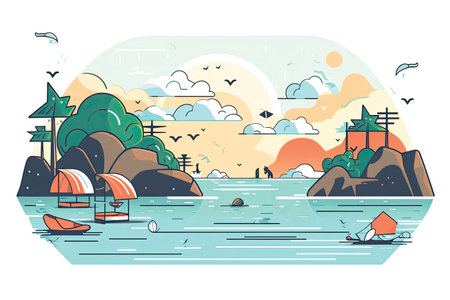 Beach with palm trees and sand. Vector illustration in flat styleの素材
