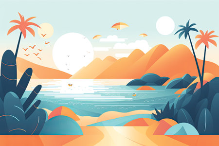 Vector illustration of a sea landscape with mountains, sand and boats.の素材