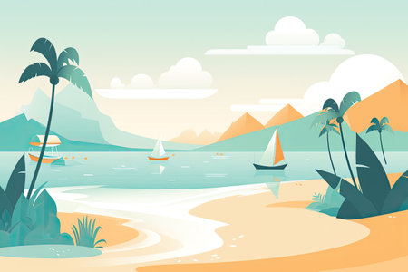 Tropical beach with palm trees and boats. Vector illustration.の素材