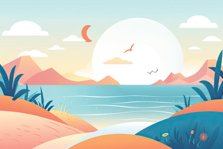 Landscape with lake and mountains. Vector illustration in flat style.の素材