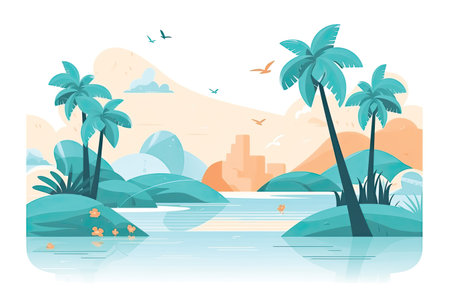 Landscape with sea, mountains and boats. Vector illustration in flat styleの素材