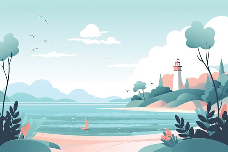 Beautiful summer landscape with river, mountains and palms. Vector flat illustrationの素材