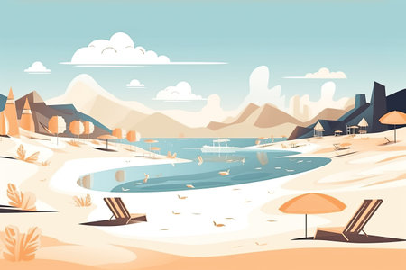 Tropical beach with palm trees and sea. Vector illustration.の素材