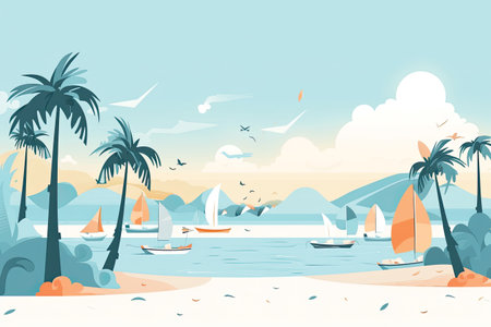 Landscape with palm trees and lake. Vector illustration in flat styleの素材