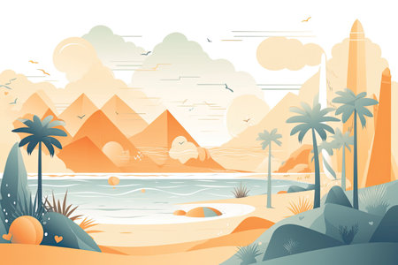 Desert landscape with sandy beach and mountains. Cartoon vector illustration.の素材