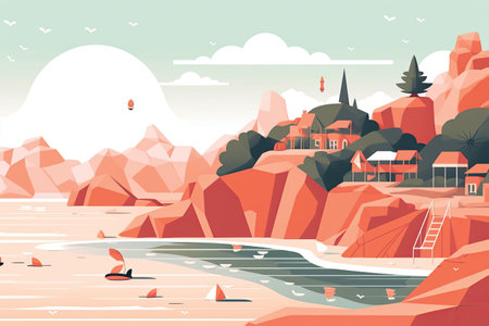 Seascape with red rocks and houses. Vector illustration in flat styleの素材
