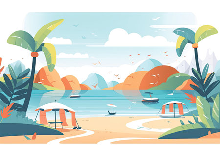 Tropical beach with palm trees and sailboats, vector illustrationの素材