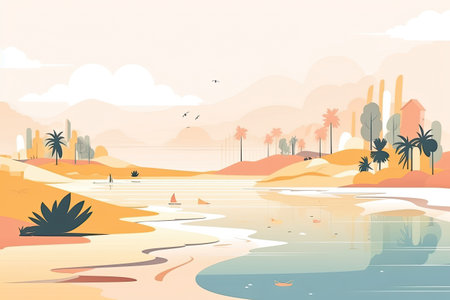 Vector illustration of a sea beach with boats, palm trees and housesの素材