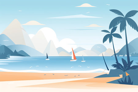 Landscape with beach and sea. Vector illustration in flat style.の素材