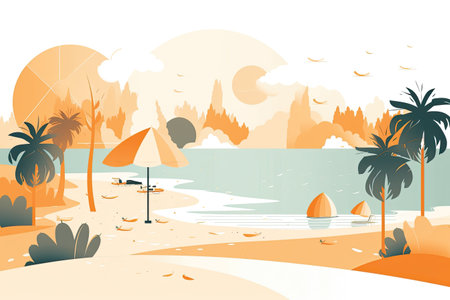 Desert landscape with palm trees and a river. Vector illustration.の素材