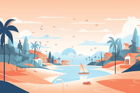 Vector illustration of a beach with palm trees, houses and boats.の素材