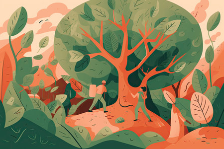 Hiking in the forest. Vector illustration in flat cartoon style.の素材