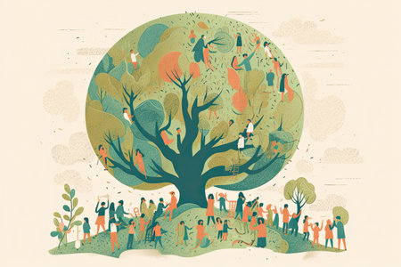 Crowd of people around big tree in park. Vector illustration.の素材